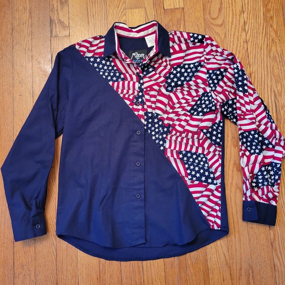 Roper Rodeo Blue Patriotic American Flag Print Western Shirt Blouse‎ 5/6 Vintage